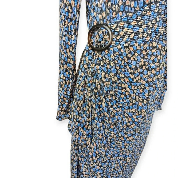 Saylor Ditsy Floral Midi Dress Blue Deep V-Neck High Slit Long Sleeves - Picture 5 of 14